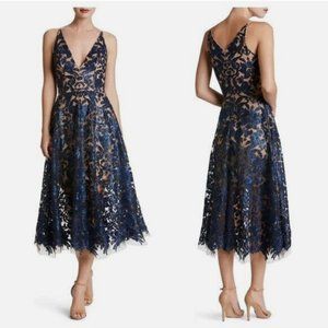 DRESS THE POPULATION BLAIR SEQUIN EMBELLISHED NAVY/NUDE MIDI DRESS sz S